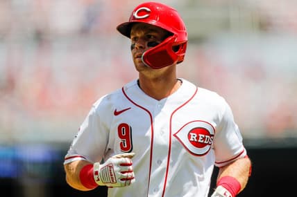 May 21, 2023; Cincinnati, Ohio, USA; Cincinnati Reds shortstop Matt McLain (9) during the ninth inning against the New York Yankees at Great American Ball Park. Mandatory Credit: Katie Stratman-USA TODAY Sports