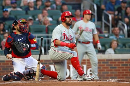 May 26, 2023; Atlanta, Georgia, USA; Philadelphia Phillies designated hitter Kyle Schwarber (12) reacts after striking out against the Atlanta Braves in the third inning at Truist Park. Mandatory Credit: Brett Davis-USA TODAY Sports