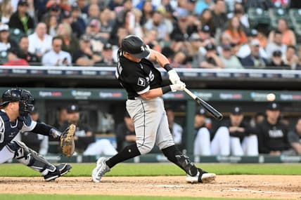 May 26, 2023; Detroit, Michigan, USA; Chicago White Sox first baseman Andrew Vaughn (25) hits a two-run home run against the Detroit Tigers in the fifth inning at Comerica Park. Mandatory Credit: Lon Horwedel-USA TODAY Sports