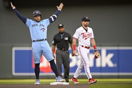 May 26, 2023; Minneapolis, Minnesota, USA;  Toronto Blue Jays outfielder George Springer (4) celebrates his double against the Minnesota Twins during the first inning at Target Field. Mandatory Credit: Nick Wosika-USA TODAY Sports
