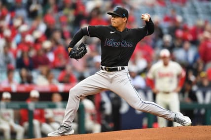 May 26, 2023; Anaheim, California, USA; Miami Marlins starting pitcher Jesus Luzardo (44) throws a pitch against the Los Angeles Angels during the first inning at Angel Stadium. Mandatory Credit: Jonathan Hui-USA TODAY Sports