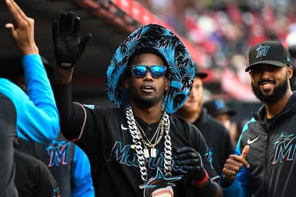 May 26, 2023; Anaheim, California, USA; Miami Marlins designated hitter Jorge Soler (12) celebrates with teammates in the dugout after hitting a home run against the Los Angeles Angels during the third inning at Angel Stadium. Mandatory Credit: Jonathan Hui-USA TODAY Sports