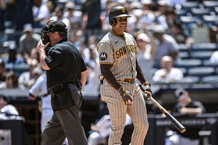May 27, 2023; Bronx, New York, USA; San Diego Padres left fielder Juan Soto (22) reacts after striking out against the New York Yankees during the first inning at Yankee Stadium. Mandatory Credit: John Jones-USA TODAY Sports