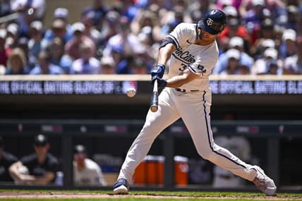 May 27, 2023; Minneapolis, Minnesota, USA;  Minnesota Twins outfielder Matt Wallner (38) drives in two runs on a single against the Toronto Blue Jays during the first inning at Target Field. Mandatory Credit: Nick Wosika-USA TODAY Sports