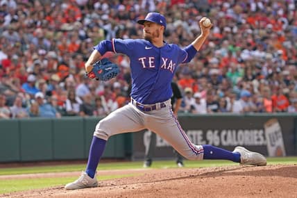 May 27, 2023; Baltimore, Maryland, USA; Texas Rangers starting pitcher Andrew Heaney (44) pitches in the third inning against the Baltimore Orioles at Oriole Park at Camden Yards. Mandatory Credit: Mitch Stringer-USA TODAY Sports