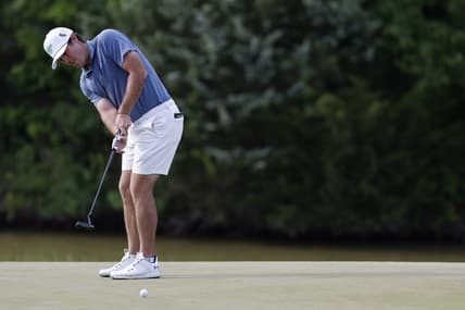 May 27, 2023; Potomac Falls, Virginia, USA; Mito Pereira putts on the eighteenth green during the second round of LIV Golf Washington, D.C. golf tournament at Trump National. Mandatory Credit: Geoff Burke-USA TODAY Sports