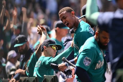 May 27, 2023; Seattle, Washington, USA; Seattle Mariners center fielder Julio Rodriguez (44) reacts to scoring a run against the Pittsburgh Pirates during the sixth inning at T-Mobile Park. Mandatory Credit: Steven Bisig-USA TODAY Sports