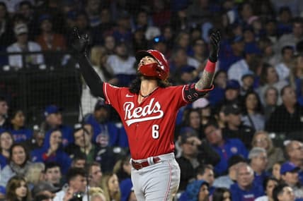 May 27, 2023; Chicago, Illinois, USA;  Cincinnati Reds second baseman Jonathan India (6) reacts after hitting a two run home run against the Chicago Cubs during the seventh inning at Wrigley Field. Mandatory Credit: Matt Marton-USA TODAY Sports