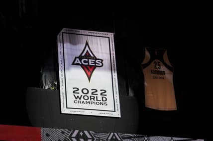 May 27, 2023; Las Vegas, Nevada, USA; The 2022 WNBA World Championship banner of the Las Vegas Aces is revealed prior to a game against the Los Angeles Sparks at Michelob Ultra Arena. Mandatory Credit: Lucas Peltier-USA TODAY Sports