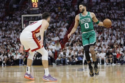 May 27, 2023; Miami, Florida, USA; Boston Celtics forward Jayson Tatum (0) controls the ball against Miami Heat guard Max Strus (31) in the third quarer during game six of the Eastern Conference Finals for the 2023 NBA playoffs at Kaseya Center. Mandatory Credit: Sam Navarro-USA TODAY Sports