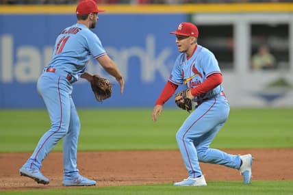 May 27, 2023; Cleveland, Ohio, USA; St. Louis Cardinals shortstop Paul DeJong (11) and second baseman Tommy Edman (19) celebrate after the Cardinals beat the Cleveland Guardians at Progressive Field. Mandatory Credit: Ken Blaze-USA TODAY Sports