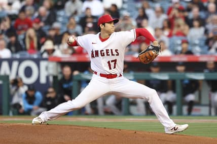 May 27, 2023; Anaheim, California, USA; Los Angeles Angels starting pitcher Shohei Ohtani (17) throws against a Miami Marlins batter during the first inning at Angel Stadium. Mandatory Credit: Jessica Alcheh-USA TODAY Sports