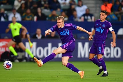 May 27, 2023; Carson, California, USA; Charlotte FC forward Karol Swiderski (11) takes a shot on goal against the Los Angeles Galaxy during the first half at Dignity Health Sports Park. Mandatory Credit: Gary A. Vasquez-USA TODAY Sports