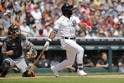 May 28, 2023; Detroit, Michigan, USA;  Detroit Tigers left fielder Akil Baddoo (60) hits a grand slam in the third inning against the Chicago White Sox at Comerica Park. Mandatory Credit: Rick Osentoski-USA TODAY Sports