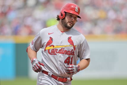May 28, 2023; Cleveland, Ohio, USA; St. Louis Cardinals left fielder Alec Burleson (41) rounds the bases after hitting a home run during the fifth inning against the Cleveland Guardians at Progressive Field. Mandatory Credit: Ken Blaze-USA TODAY Sports