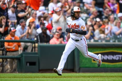 May 28, 2023; Baltimore, Maryland, USA; Baltimore Orioles center fielder Cedric Mullins (31) scores during the first inning against the Texas Rangers at Oriole Park at Camden Yards. Mandatory Credit: Reggie Hildred-USA TODAY Sports
