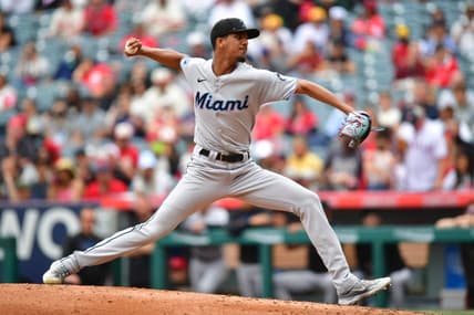 May 28, 2023; Anaheim, California, USA; Miami Marlins starting pitcher Eury Perez (39) throws against the Los Angeles Angels during the fourth inning at Angel Stadium. Mandatory Credit: Gary A. Vasquez-USA TODAY Sports