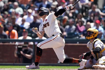 May 29, 2023; San Francisco, California, USA; San Francisco Giants second baseman Casey Schmitt (6) hits a double against the Pittsburgh Pirates during the second inning at Oracle Park. Mandatory Credit: Darren Yamashita-USA TODAY Sports