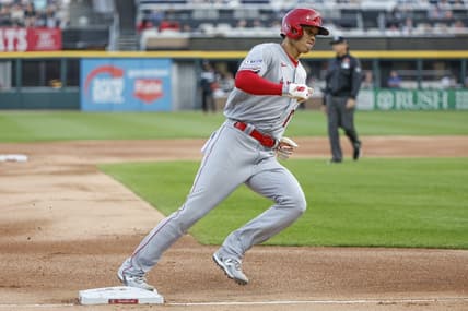 May 29, 2023; Chicago, Illinois, USA; Los Angeles Angels designated hitter Shohei Ohtani (17) runs to score against the Chicago White Sox during the first inning at Guaranteed Rate Field. Mandatory Credit: Kamil Krzaczynski-USA TODAY Sports
