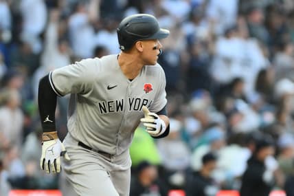 May 29, 2023; Seattle, Washington, USA; New York Yankees right fielder Aaron Judge (99) runs towards first base after hitting a 2-run home run against the Seattle Mariners during the third inning at T-Mobile Park. Mandatory Credit: Steven Bisig-USA TODAY Sports