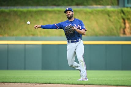 May 30, 2023; Detroit, Michigan, USA; Texas Rangers second baseman Marcus Semien (2) makes a throw during the fifth inning against the Detroit Tigers at Comerica Park. Mandatory Credit: Tim Fuller-USA TODAY Sports