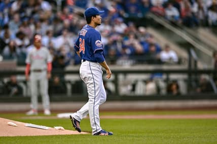 May 30, 2023; New York City, New York, USA; New York Mets starting pitcher Kodai Senga (34) reacts after getting a strike out during the first inning against the Philadelphia Phillies at Citi Field. Mandatory Credit: John Jones-USA TODAY Sports