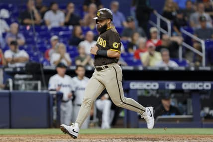 May 30, 2023; Miami, Florida, USA; San Diego Padres second baseman Rougned Odor (24) scores after an RBI double by designated hitter Matt Carpenter (not pictured) during the fourth inning at loanDepot Park. Mandatory Credit: Sam Navarro-USA TODAY Sports