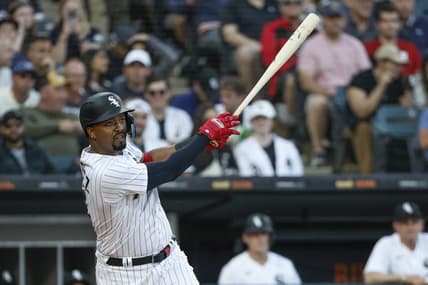 May 30, 2023; Chicago, Illinois, USA; Chicago White Sox designated hitter Eloy Jimenez (74) hits an RBI sacrifice fly against the Los Angeles Angels during the first inning at Guaranteed Rate Field. Mandatory Credit: Kamil Krzaczynski-USA TODAY Sports