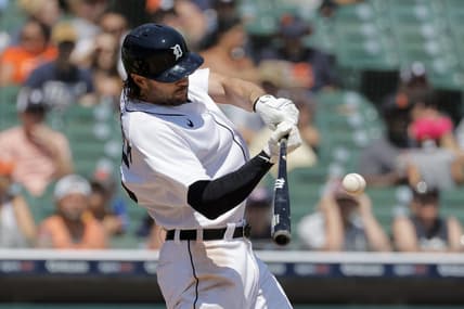 May 31, 2023; Detroit, Michigan, USA;  Detroit Tigers left fielder Jake Marisnick (15) hits an RBI single in the sixth inning against the Texas Rangers at Comerica Park. Mandatory Credit: Rick Osentoski-USA TODAY Sports