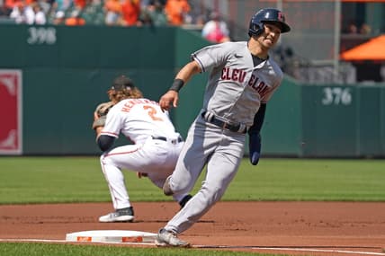 May 31, 2023; Baltimore, Maryland, USA; Cleveland Guardians outfielder Steven Kwan (38) rounds third base in the second inning to score against the Baltimore Orioles at Oriole Park at Camden Yards. Mandatory Credit: Mitch Stringer-USA TODAY Sports