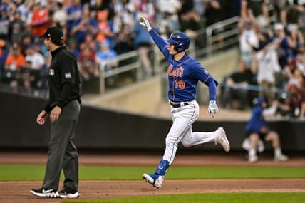 May 31, 2023; New York City, New York, USA; New York Mets left fielder Mark Canha (19) reacts after hitting a two-run home run against the Philadelphia Phillies during the third inning at Citi Field. Mandatory Credit: John Jones-USA TODAY Sports