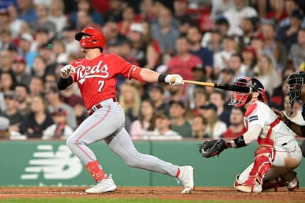 May 31, 2023; Boston, Massachusetts, USA; Cincinnati Reds third baseman Spencer Steer (7) hits a two-run home run against the Boston Red Sox during the seventh inning at Fenway Park. Mandatory Credit: Brian Fluharty-USA TODAY Sports