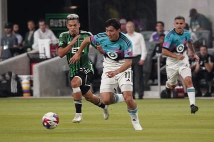 May 31, 2023; Austin, Texas, USA; Austin FC midfielder Daniel Pereira (6) chases after Minnesota United midfielder Sang Bin Jeong  (11) during the second half at Q2 Stadium. Mandatory Credit: Scott Wachter-USA TODAY Sports