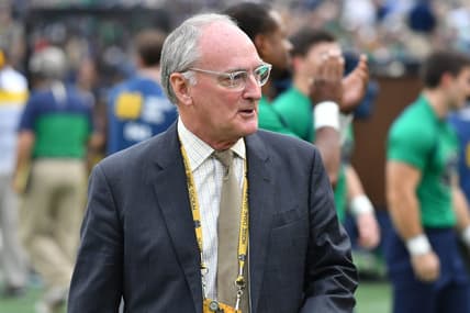 Sep 28, 2019; South Bend, IN, USA; Notre Dame Fighting Irish athletic director Jack Swarbrick walks on the sideline at Notre Dame Stadium during the game between the Notre Dame Fighting Irish and the Virginia Cavaliers. Mandatory Credit: Matt Cashore-USA TODAY Sports