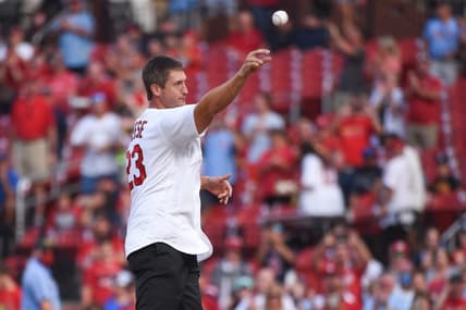 Aug 17, 2021; St. Louis, Missouri, USA; Former St. Louis Cardinals third baseman David Freese and 2011 NLCS and World Series MVP throws out a first pitch prior to a game against the Milwaukee Brewers at Busch Stadium. Mandatory Credit: Joe Puetz-USA TODAY Sports