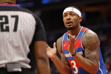 Jan 19, 2022; Washington, District of Columbia, USA; Washington Wizards guard Bradley Beal (3) reacts after being called for a foul by referee Mitchell Ervin (27) against the Brooklyn Nets during the first quarter at Capital One Arena. Mandatory Credit: Geoff Burke-USA TODAY Sports