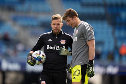 February 26, 2022; San Jose, California, USA; New York Red Bulls goalkeeper coach Jyri Nieminen (left) and goalkeeper A.J. Marcucci (40) before the game against the San Jose Earthquakes at PayPal Park. Mandatory Credit: Kyle Terada-USA TODAY Sports