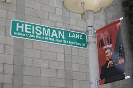 May 24, 2022; Santa Ana, California USA; A Heisman Lane street sign in honor of John Huarte (1961), Matt Leinart (2001) and Bryce Young (2020) during the Mater Dei High Heisman Homecoming ceremony at the Meruelo Athletic Center. Mandatory Credit: Kirby Lee-USA TODAY Sports