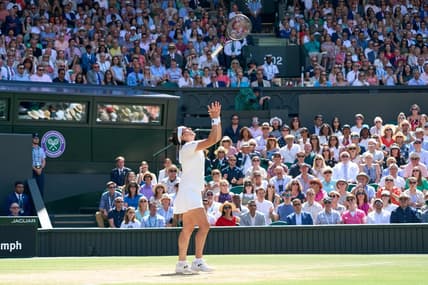 Jul 9, 2022; London, England, United Kingdom; Ons Jabeur (TUN) throws her racquet in the air in frustration during her women s singles final against Elena Rybakina (KAZ) on Centre court at All England Lawn Tennis and Croquet Club. Mandatory Credit: Peter van den Berg-USA TODAY Sports