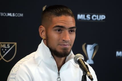 Nov 3, 2022; Los Angeles, California, US; LAFC forward Cristian Arango speaks at MLS Cup Media Day at InterContinental Los Angeles Downtown. Mandatory Credit: Kirby Lee-USA TODAY Sports