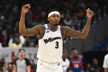 Nov 18, 2022; Washington, District of Columbia, USA; Washington Wizards guard Bradley Beal (3) reacts against the Miami Heat during the second half at Capital One Arena. Mandatory Credit: Brad Mills-USA TODAY Sports