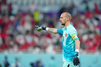 Dec 1, 2022; Doha, Qatar; Canada goalkeeper Milan Borjan (18) gestures against Morocco during the second half of a group stage match during the 2022 World Cup at Al Thumama Stadium. Mandatory Credit: Danielle Parhizkaran-USA TODAY Sports