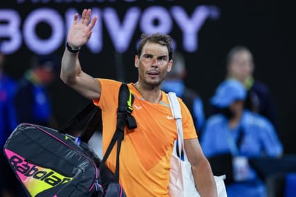 Jan 18, 2023; Melbourne, VICTORIA, Australia; Rafael Nadal after his second round match against Mackenzie Mcdonald on day three of the 2023 Australian Open tennis tournament at Melbourne Park. Mandatory Credit: Mike Frey-USA TODAY Sports