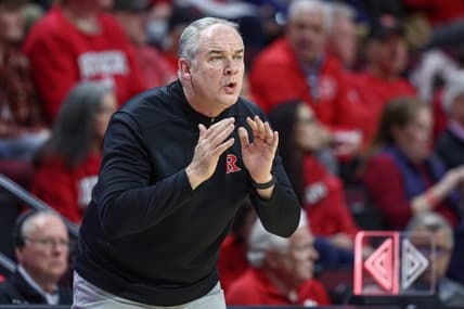 Feb 14, 2023; Piscataway, New Jersey, USA; Rutgers Scarlet Knights head coach Steve Pikiell coaches during the first half against the Nebraska Cornhuskers at Jersey Mike's Arena. Mandatory Credit: Vincent Carchietta-USA TODAY Sports