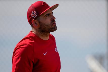 Cincinnati Reds first baseman Joey Votto (19) watches between rounds of batting practice at the Cincinnati Reds Player Development Complex in Goodyear, Ariz., on Thursday, Feb. 23, 2023.

Cincinnati Reds Spring Training