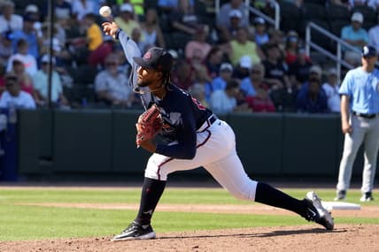 Mar 1, 2023; North Port, Florida, USA; Atlanta Braves pitcher Roddery Munoz (69) throws a pitch in the seventh inning agains the Tampa Bay Rays at CoolToday Park. Mandatory Credit: Dave Nelson-USA TODAY Sports