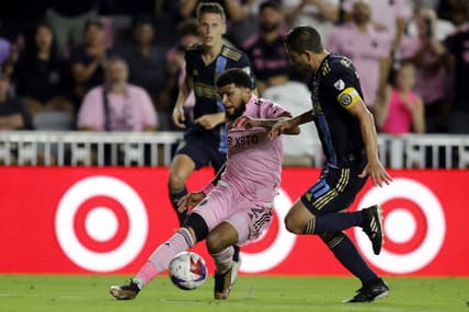 Mar 4, 2023; Fort Lauderdale, Florida, USA; Inter Miami CF defender DeAndre Yedlin (2) and Philadelphia Union midfielder Alejandro Bedoya (11) battle for the ball in the second half at DRV PNK Stadium. Mandatory Credit: Sam Navarro-USA TODAY Sports