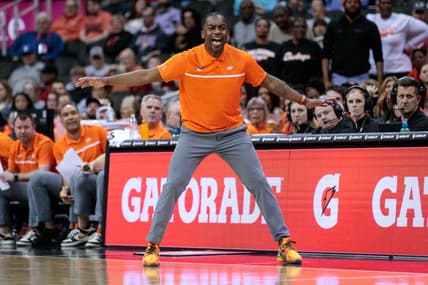 Mar 8, 2023; Kansas City, MO, USA; Oklahoma State Cowboys coach Mike Boynton on the sidelines during the game against the Oklahoma Sooners at T-Mobile Center. Mandatory Credit: William Purnell-USA TODAY Sports