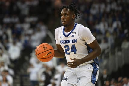 Mar 1, 2023; Omaha, Nebraska, USA;  Creighton Bluejays forward Arthur Kaluma (24) dribbles against the Georgetown Hoyas in the second half at CHI Health Center Omaha. Mandatory Credit: Steven Branscombe-USA TODAY Sports