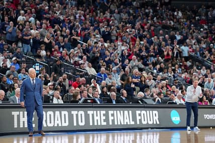 Mar 23, 2023; Las Vegas, NV, USA; UCLA Bruins head coach Mick Cronin (left) and Gonzaga Bulldogs head coach Mark Few watch their teams play during the second half at T-Mobile Arena. Mandatory Credit: Joe Camporeale-USA TODAY Sports